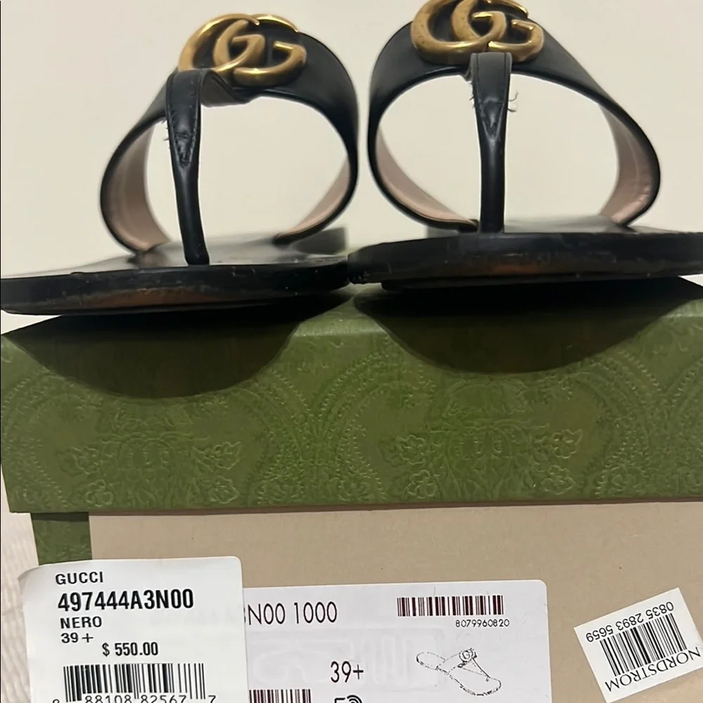 Gucci Black Leather Thong Sandals with Gold GG Buckle